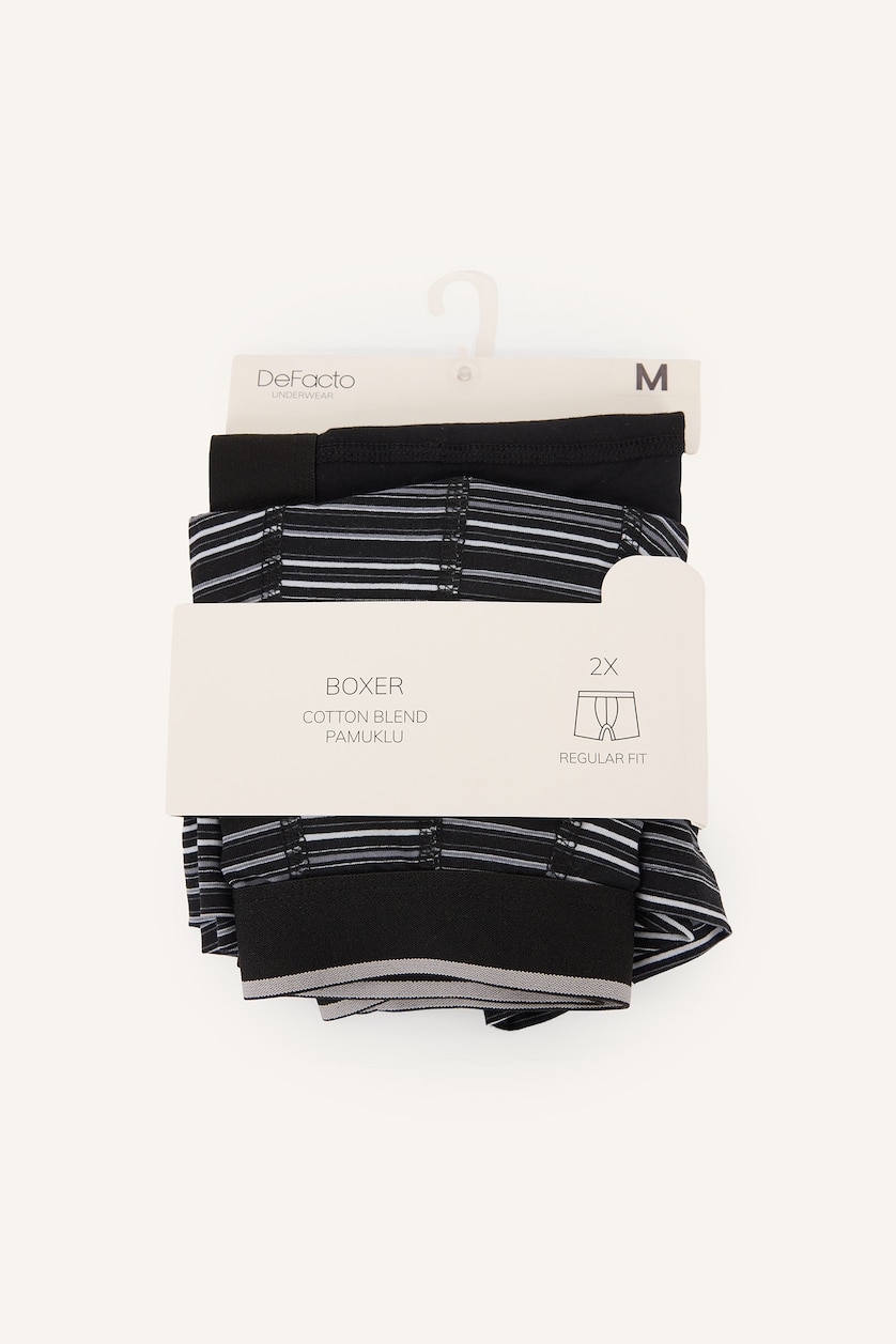 Erkek Siyah Regular Fit Çizgili 2'li Boxer Seti