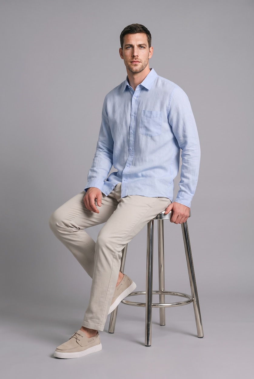 Men Light Blue Regular Fit Linen Long Sleeve Shirt