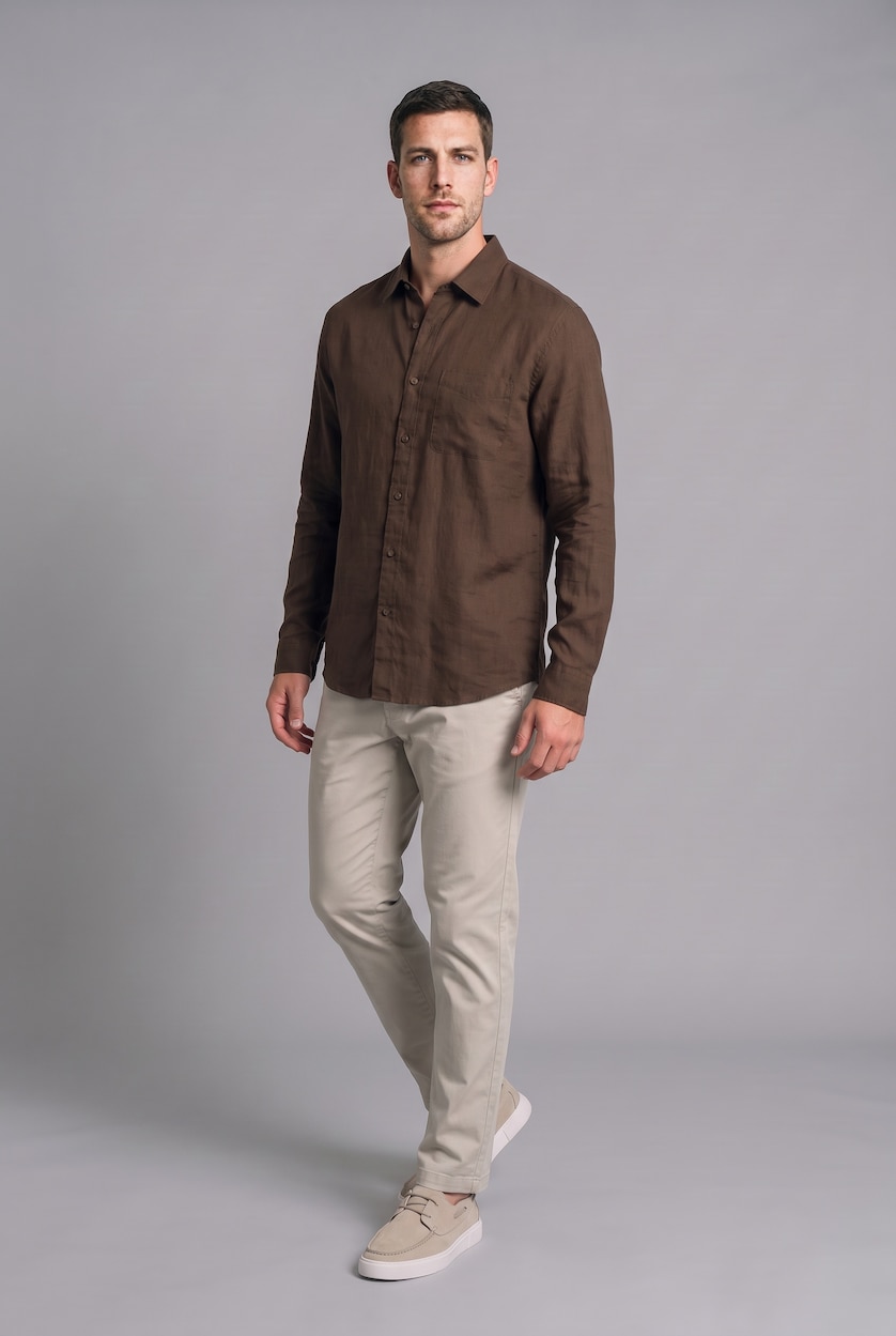 MAN Brown Regular Fit Linen Long Sleeve Shirt