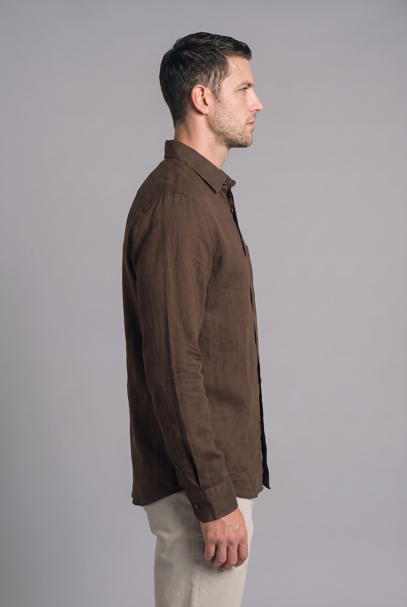 MAN Brown Regular Fit Linen Long Sleeve Shirt
