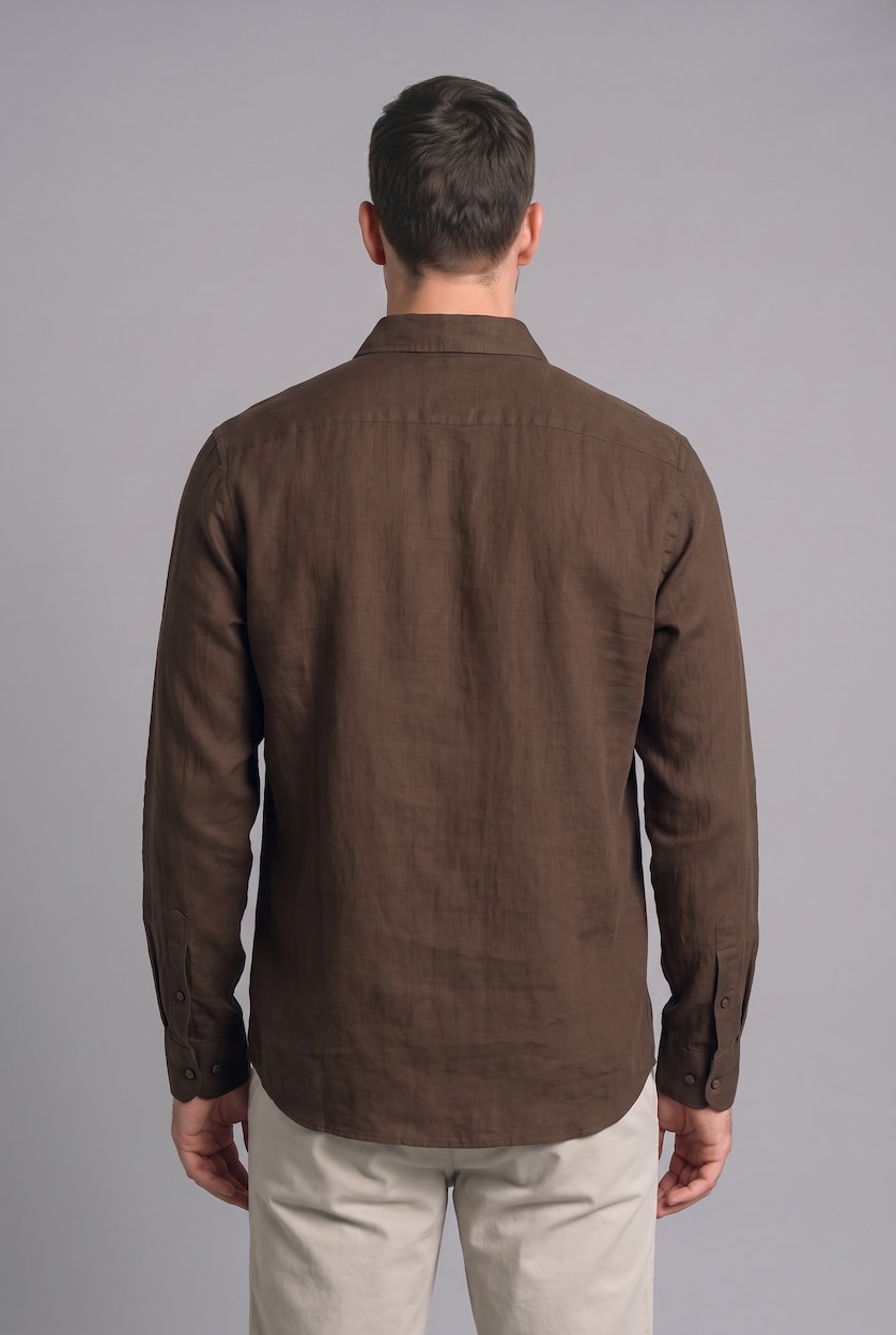 MAN Brown Regular Fit Linen Long Sleeve Shirt