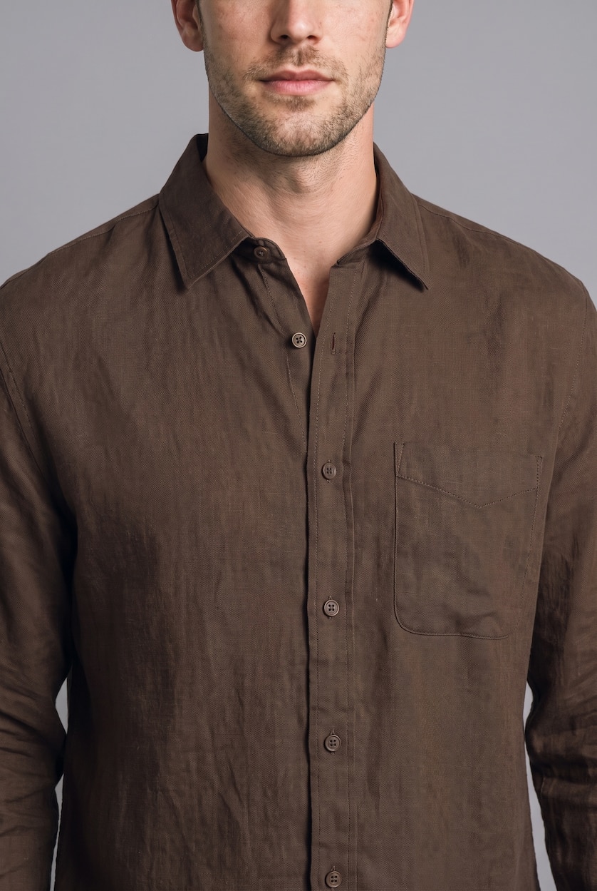 MAN Brown Regular Fit Linen Long Sleeve Shirt