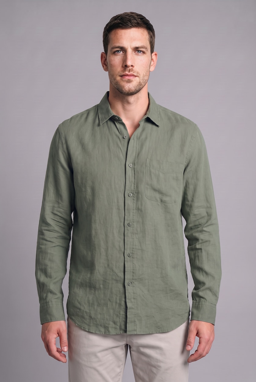 MAN Light Green Regular Fit Linen Long Sleeve Shirt
