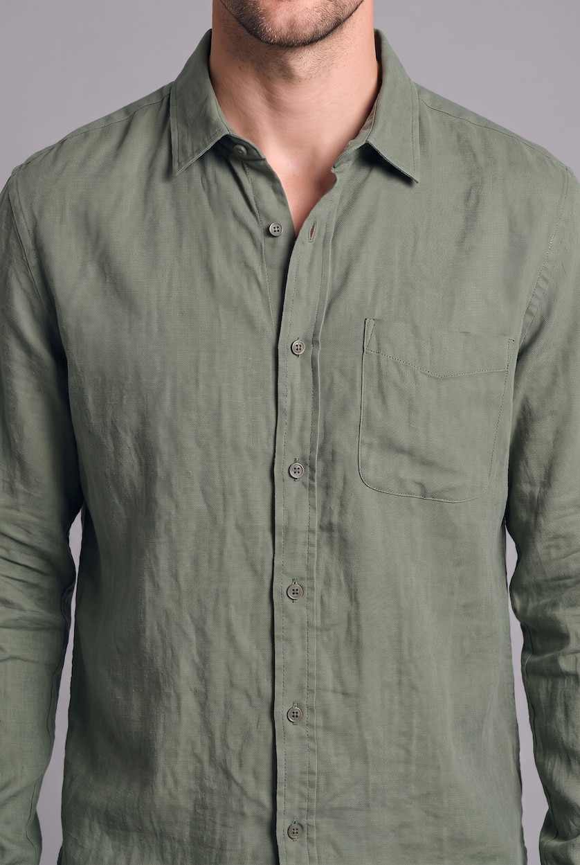 MAN Light Green Regular Fit Linen Long Sleeve Shirt