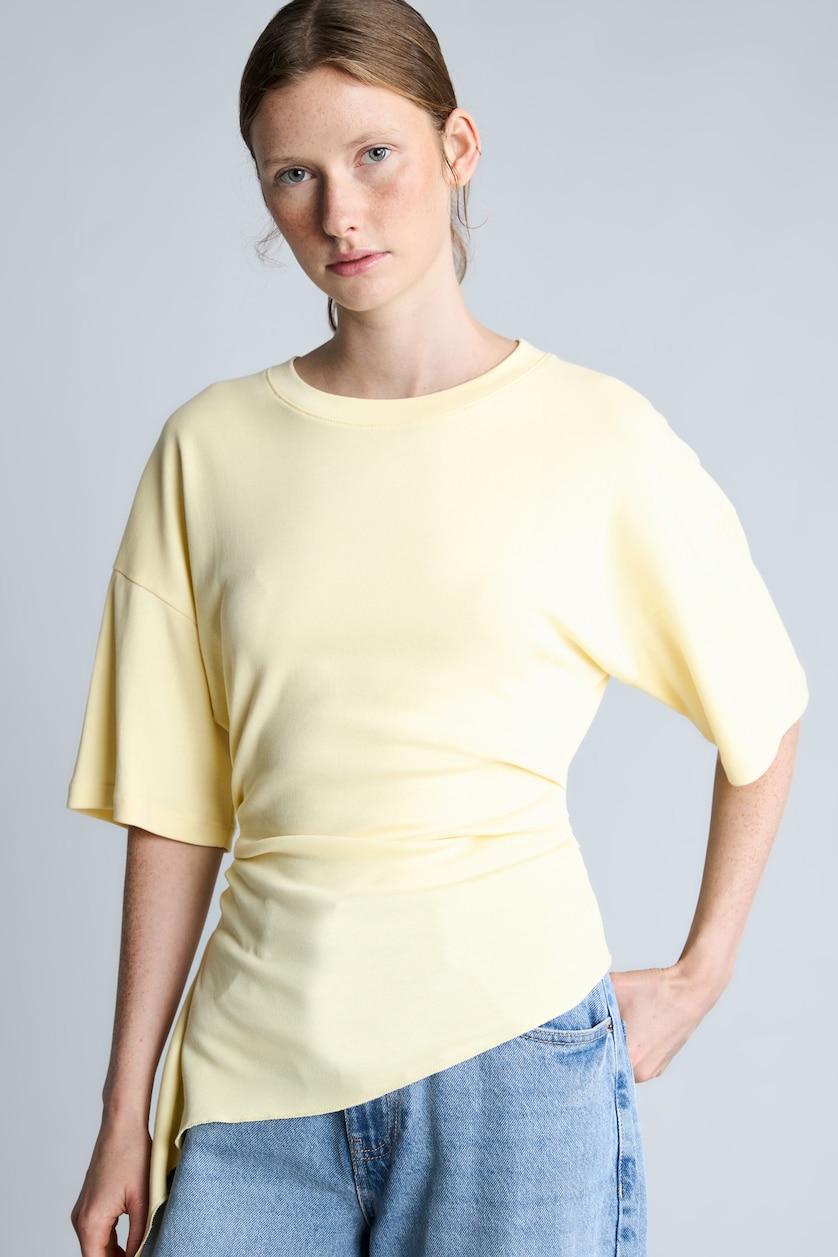 WOMAN Light Yellow Slim Fit Basic 100% Cotton Crew Neck Short Sleeve T-Shirt