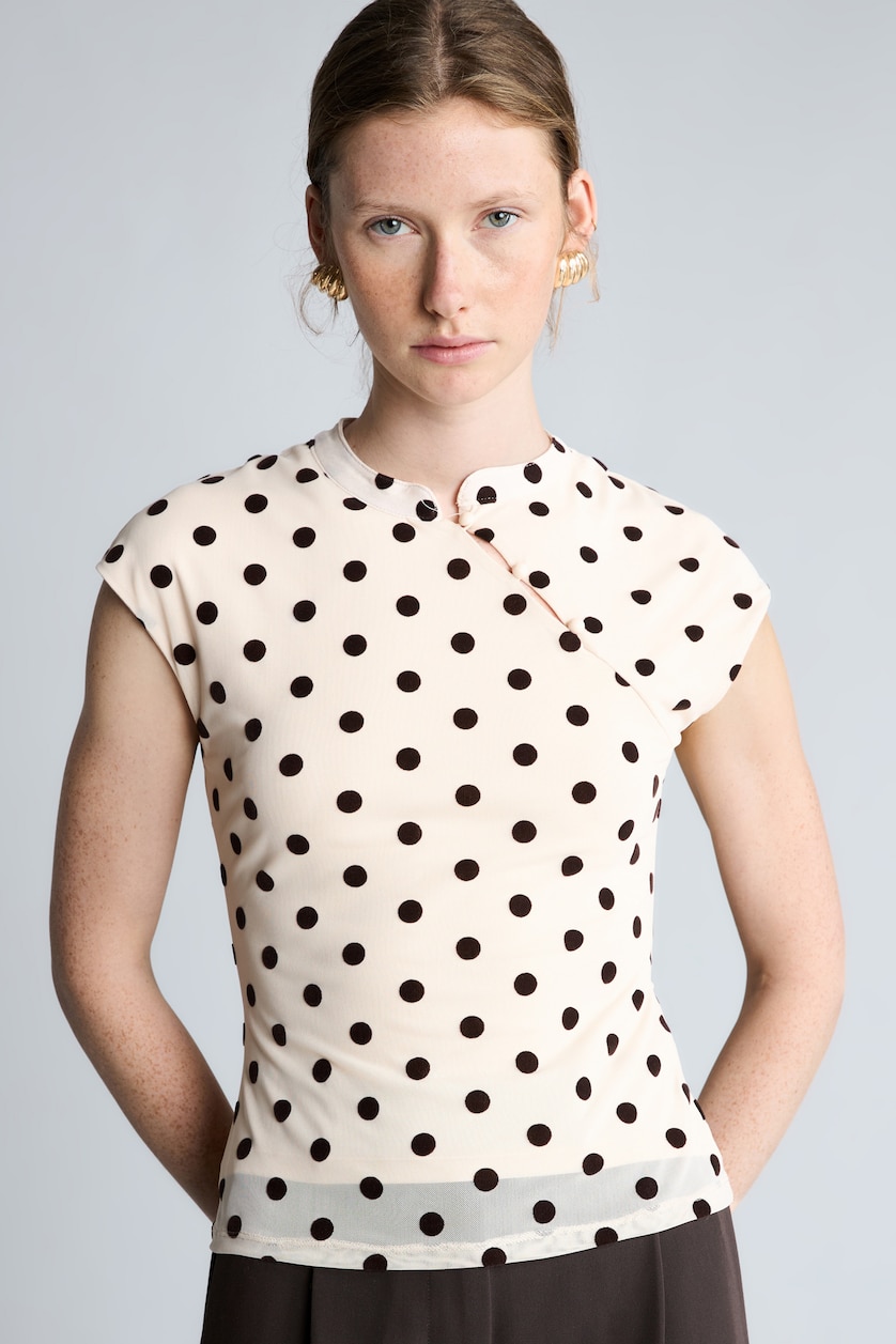 WOMAN Light Beige Slim Fit Polka Dot Tulle High Neck T-Shirt