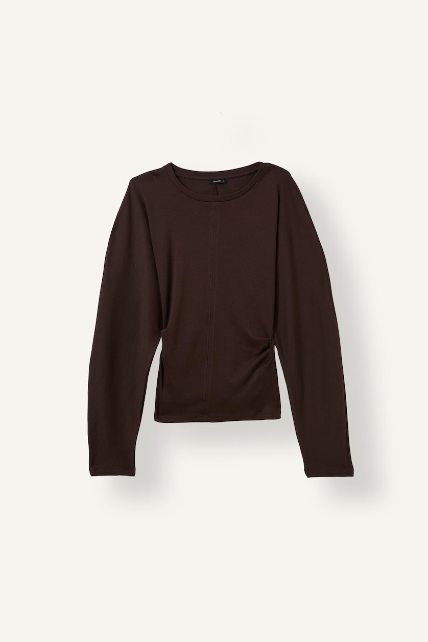 Kadın Kahve Dikiş Detaylı Slim Fit Uzun Kollu Basic Tişört