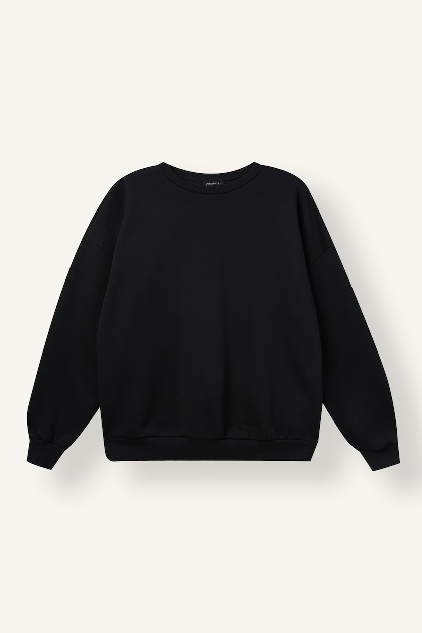 Kadın Siyah Oversize Bisiklet Yaka Basic Sweatshirt