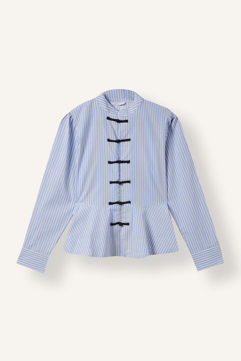 Kadın Mavi %100 Pamuk Fitted Çizgili Peplum Poplin Gömlek
