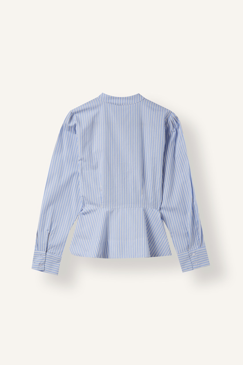 Kadın Mavi %100 Pamuk Fitted Çizgili Peplum Poplin Gömlek
