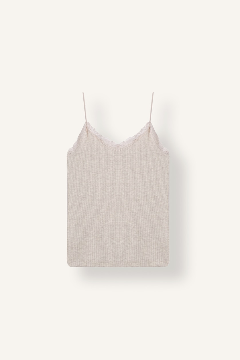 Women Beige Melange Ribana Tank Top