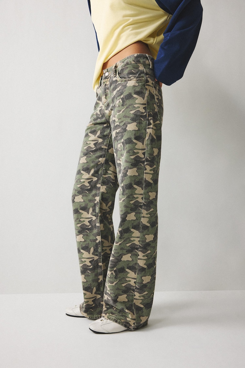 Kadın Haki Kamuflaj Desenli Straight Fit Pantolon