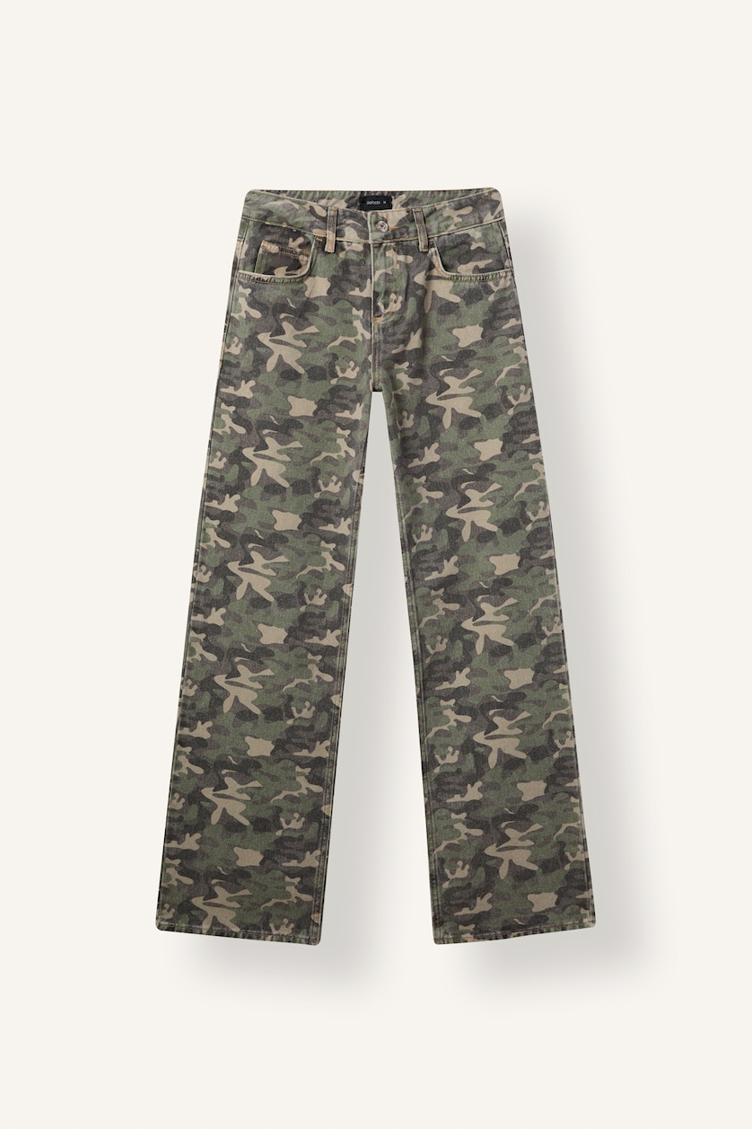 Kadın Haki Kamuflaj Desenli Straight Fit Pantolon