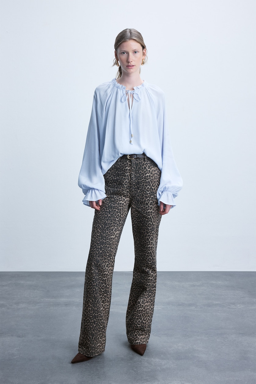 Kadın Kahve Straight Gabardın Leopar Desenli Pantolon