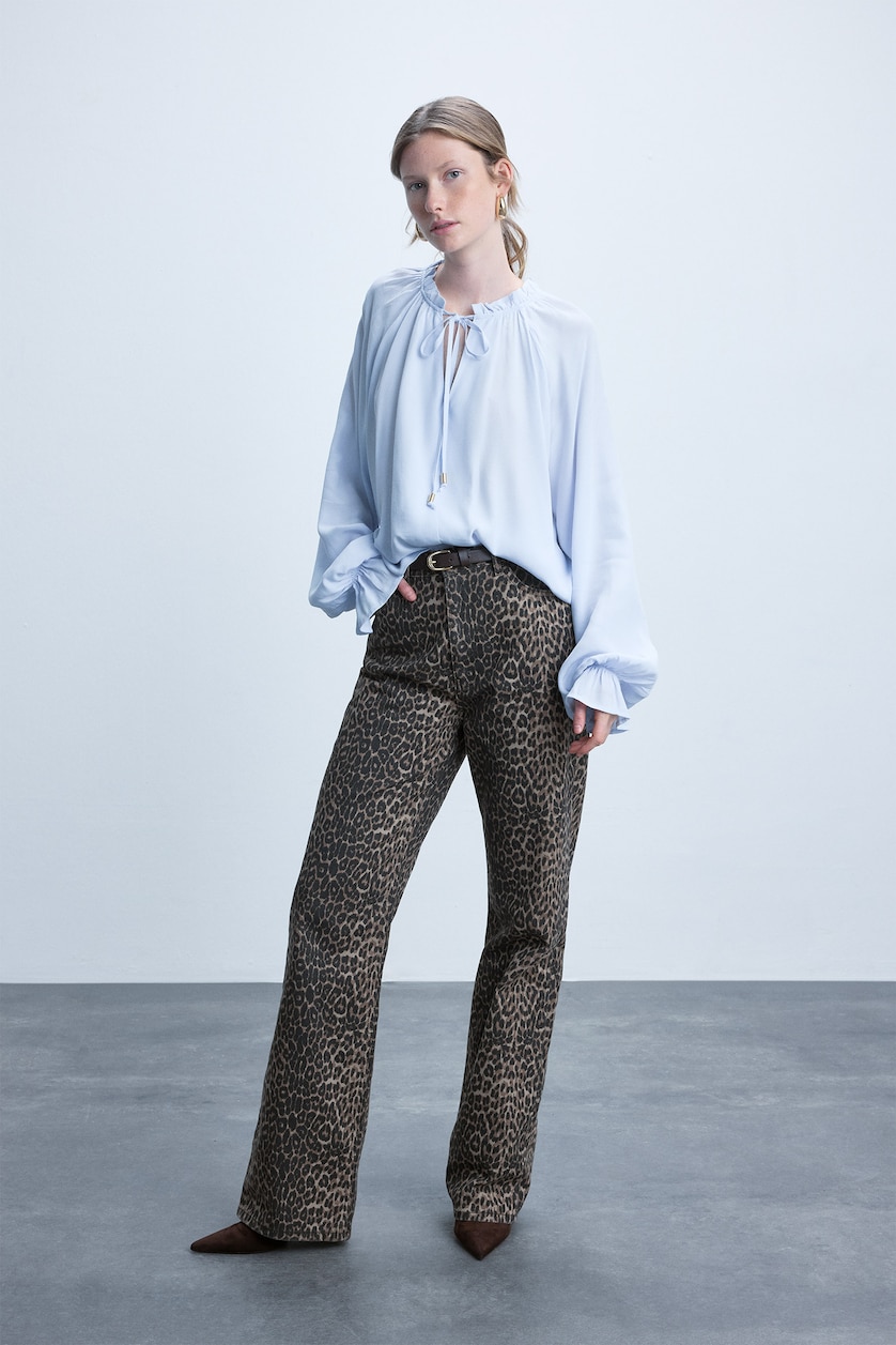 Kadın Kahve Straight Gabardın Leopar Desenli Pantolon