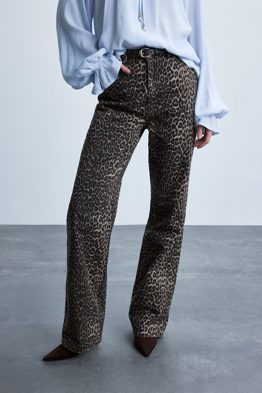 Kadın Kahve Straight Gabardın Leopar Desenli Pantolon