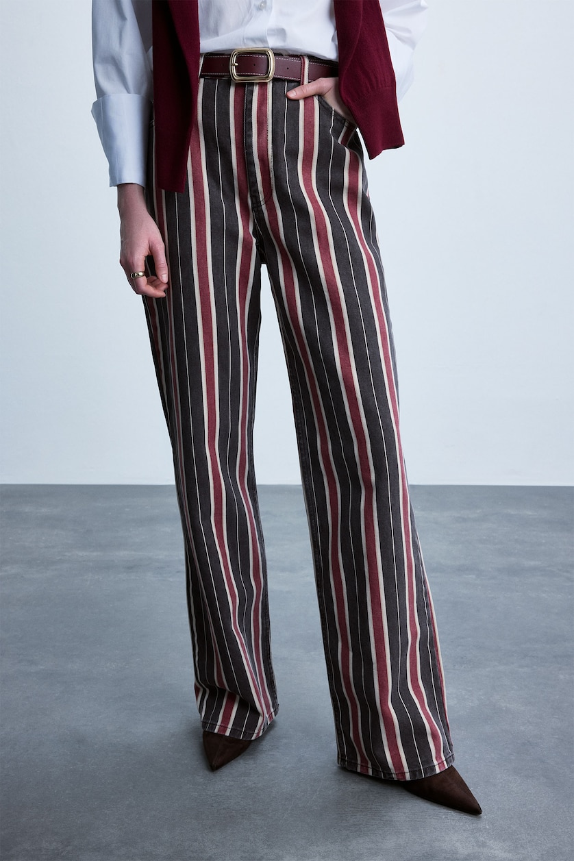 Kadın Kahve Straight Gabardın Çizgili Pantolon