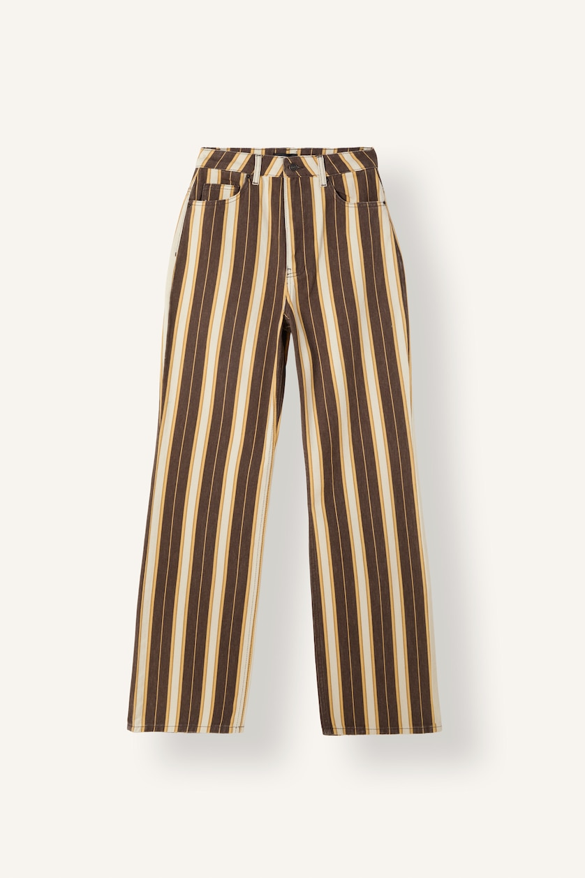 Kadın Bej Straight Fit Çizgili Pantolon