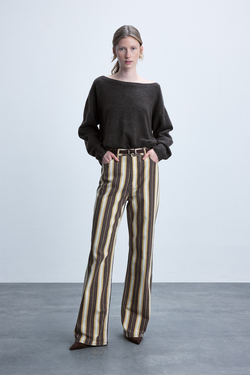 Kadın Bej Straight Gabardın Çizgili Pantolon