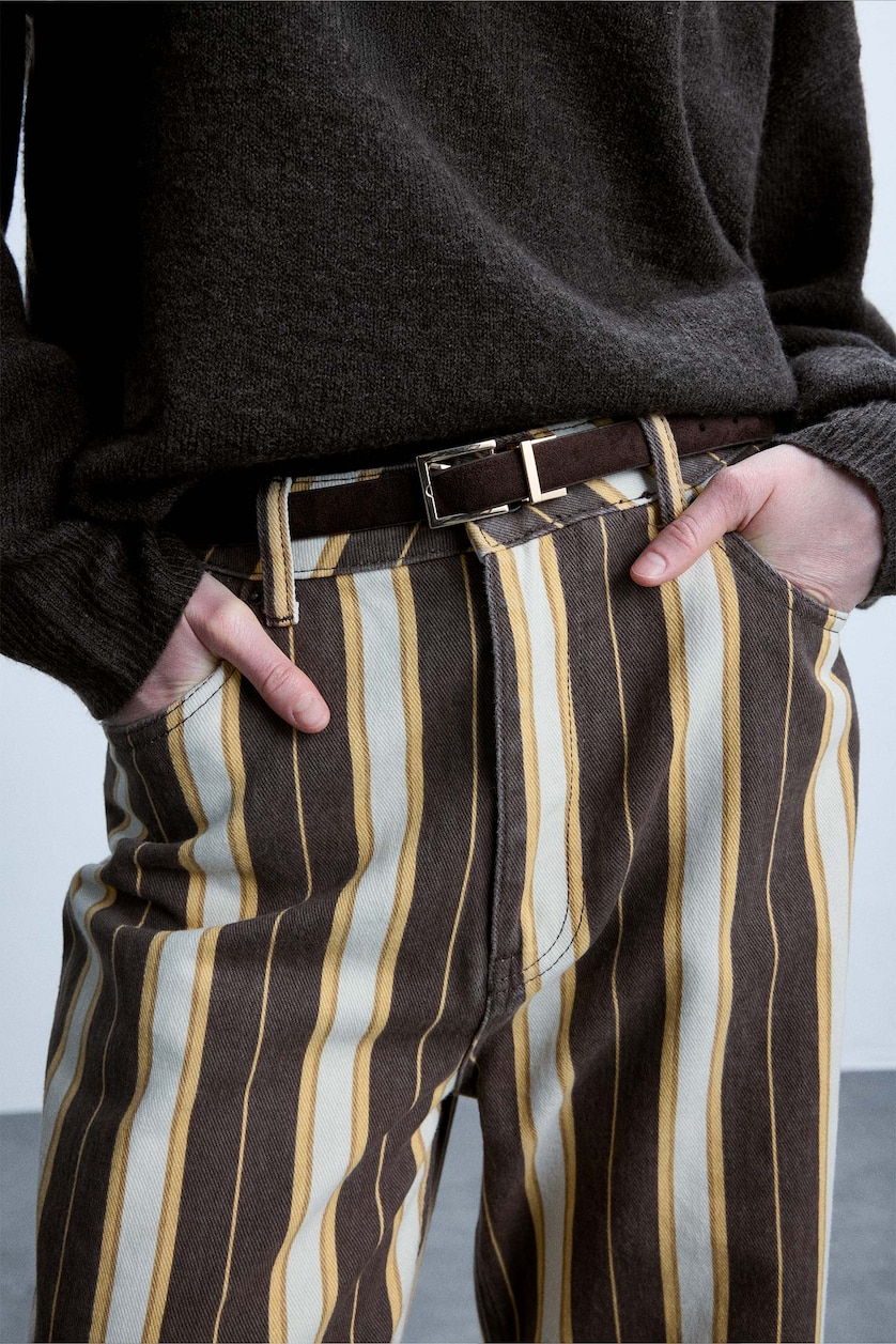 Kadın Bej Straight Gabardın Çizgili Pantolon