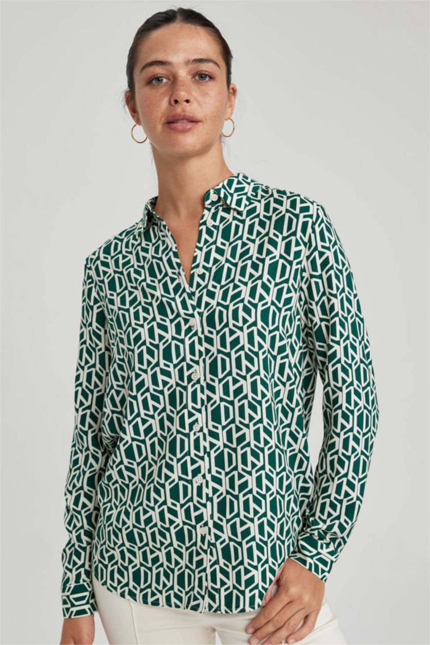 Kadın Yeşil Regular Fit Uzun Kollu Desenli Gömlek