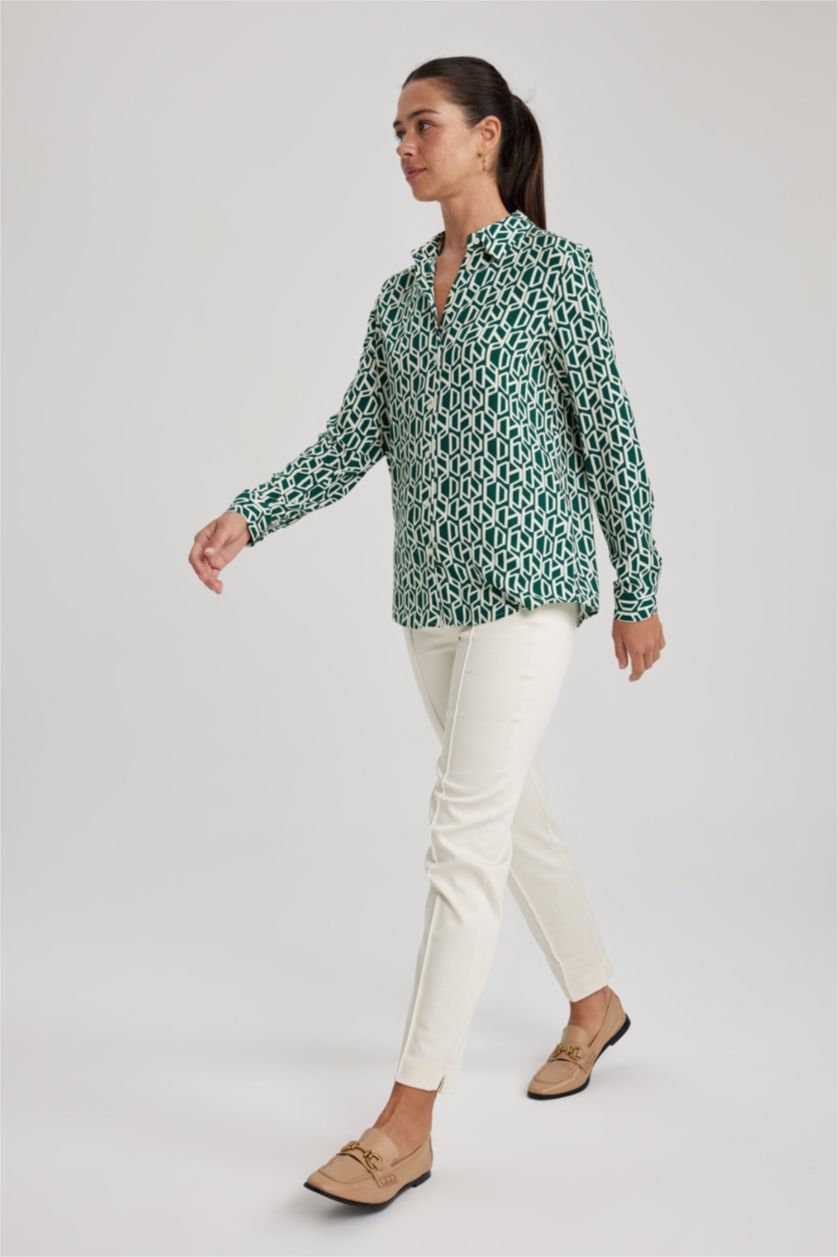 Kadın Yeşil Regular Fit Uzun Kollu Desenli Gömlek