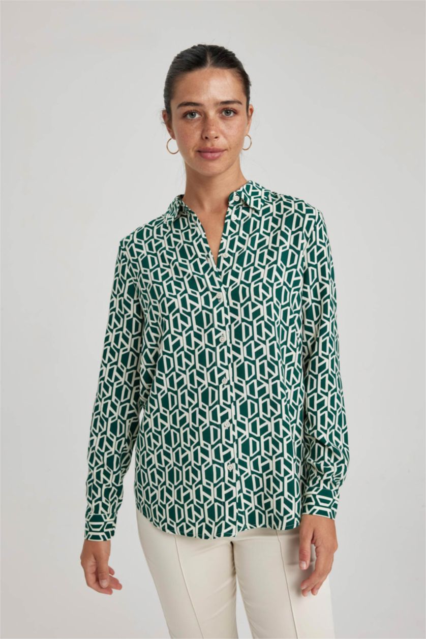 Kadın Yeşil Regular Fit Uzun Kollu Desenli Gömlek
