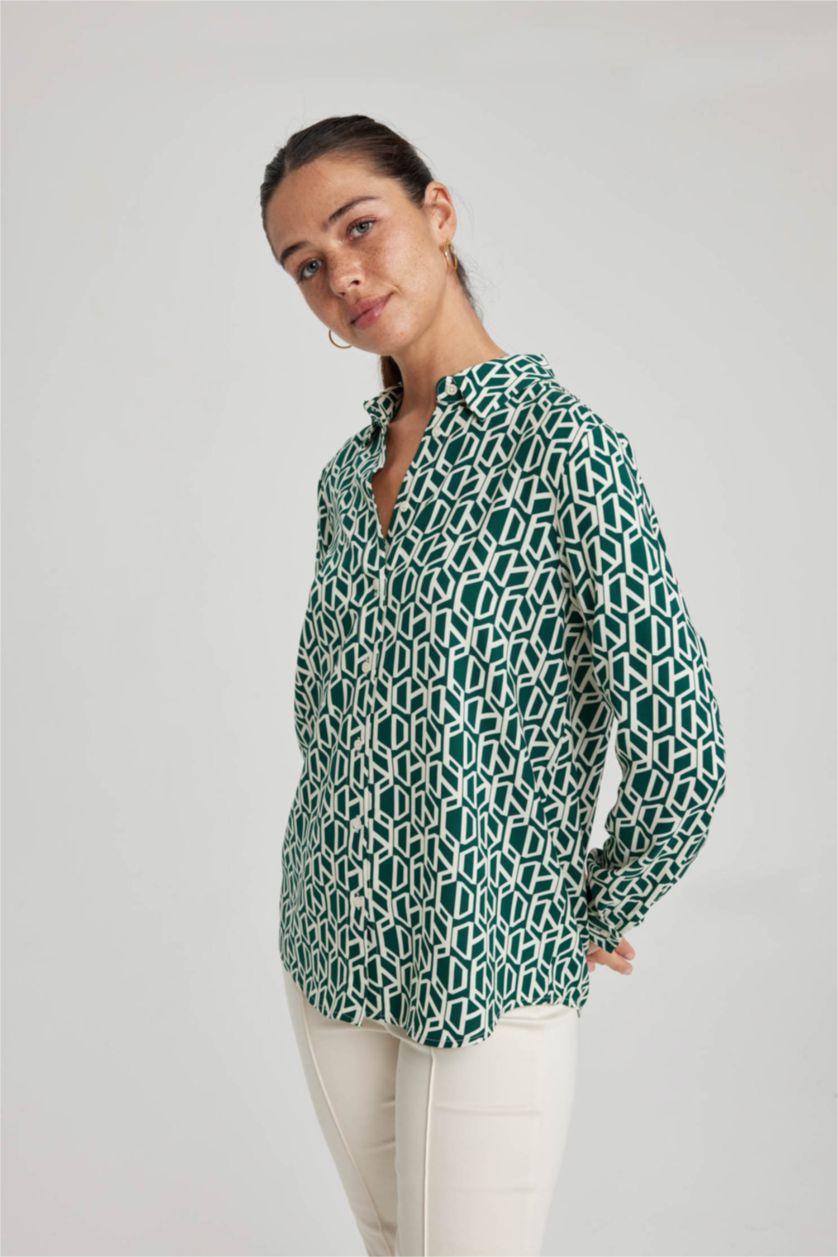 Kadın Yeşil Regular Fit Uzun Kollu Desenli Gömlek