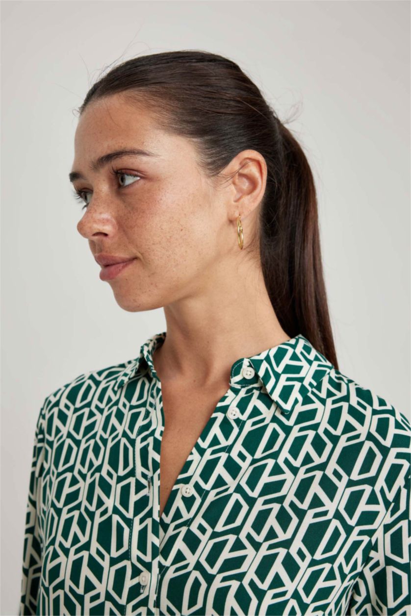 Kadın Yeşil Regular Fit Uzun Kollu Desenli Gömlek