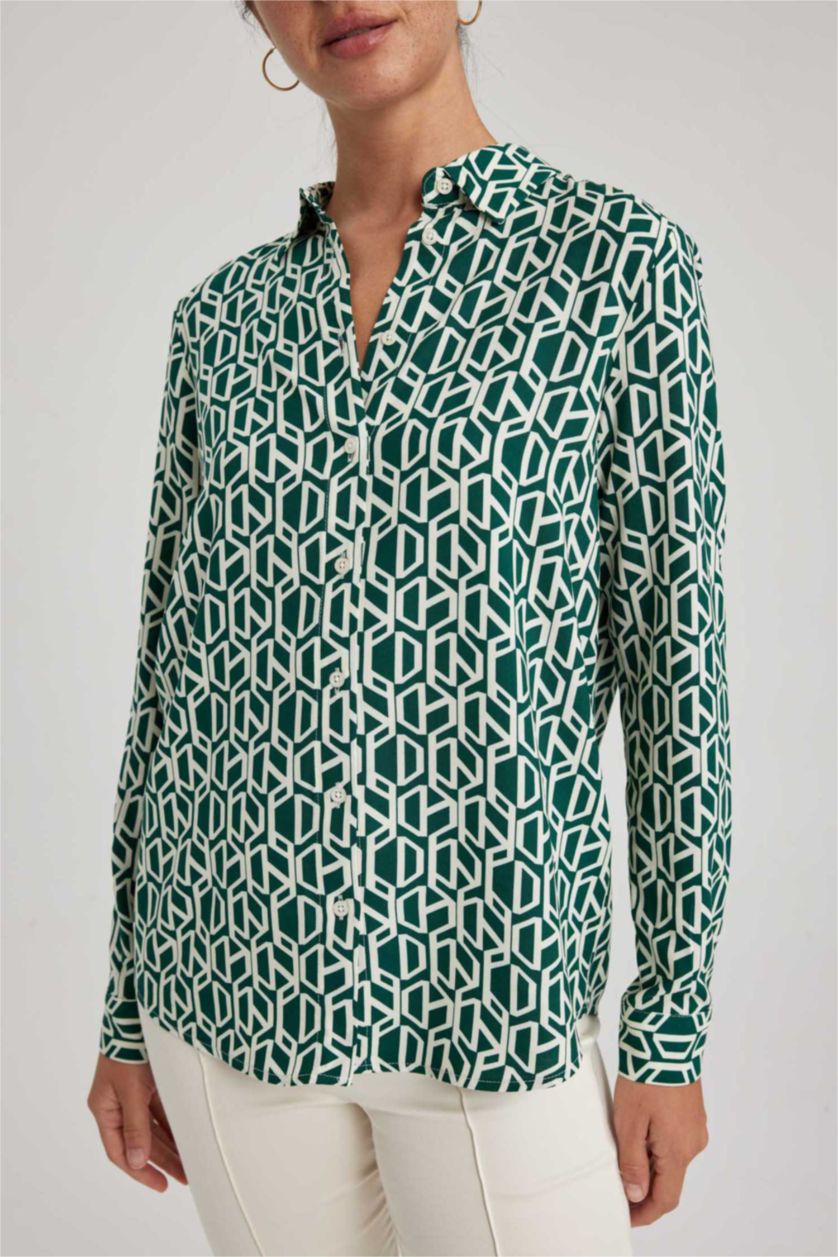 Kadın Yeşil Regular Fit Uzun Kollu Desenli Gömlek