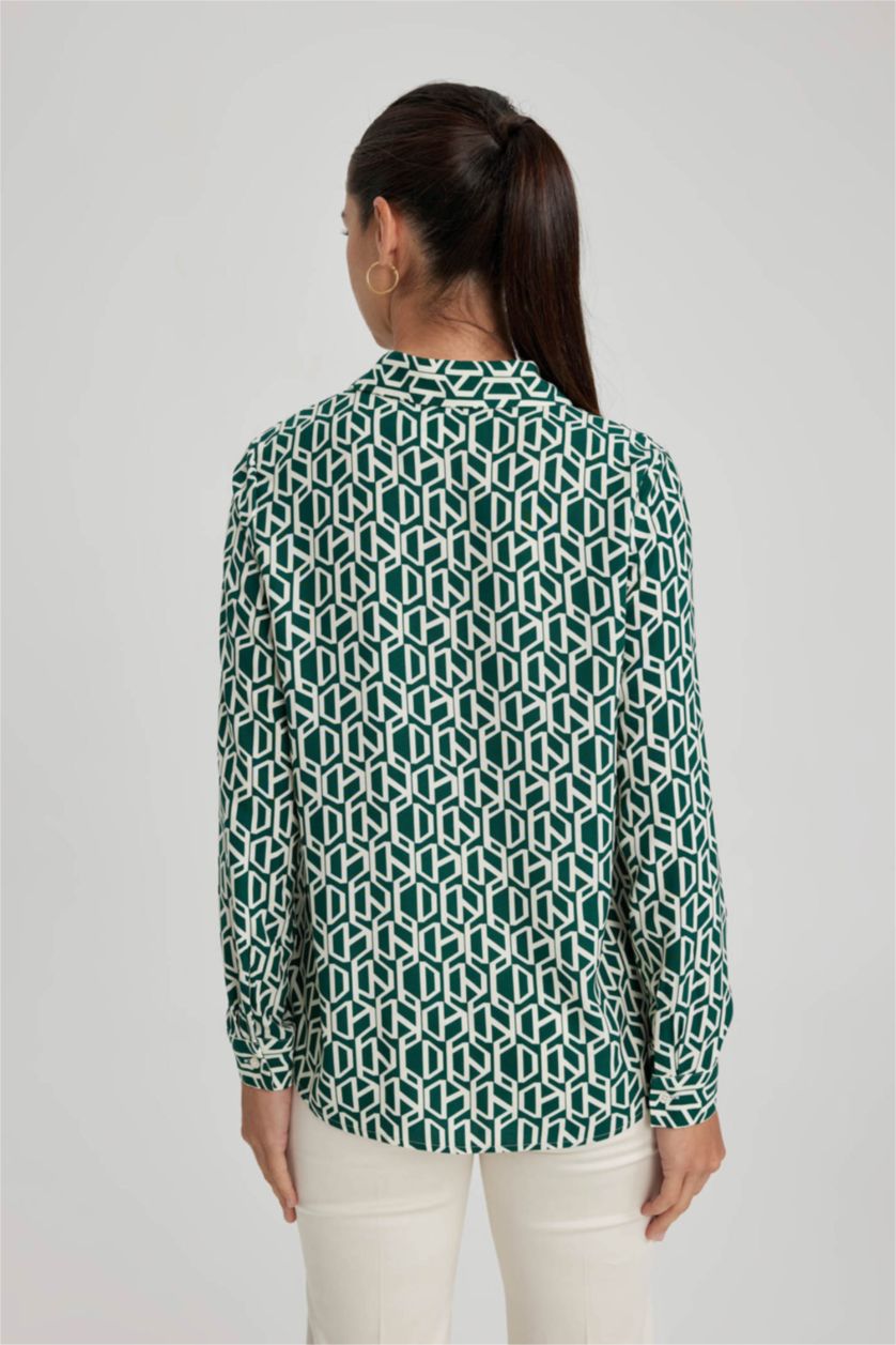 Kadın Yeşil Regular Fit Uzun Kollu Desenli Gömlek