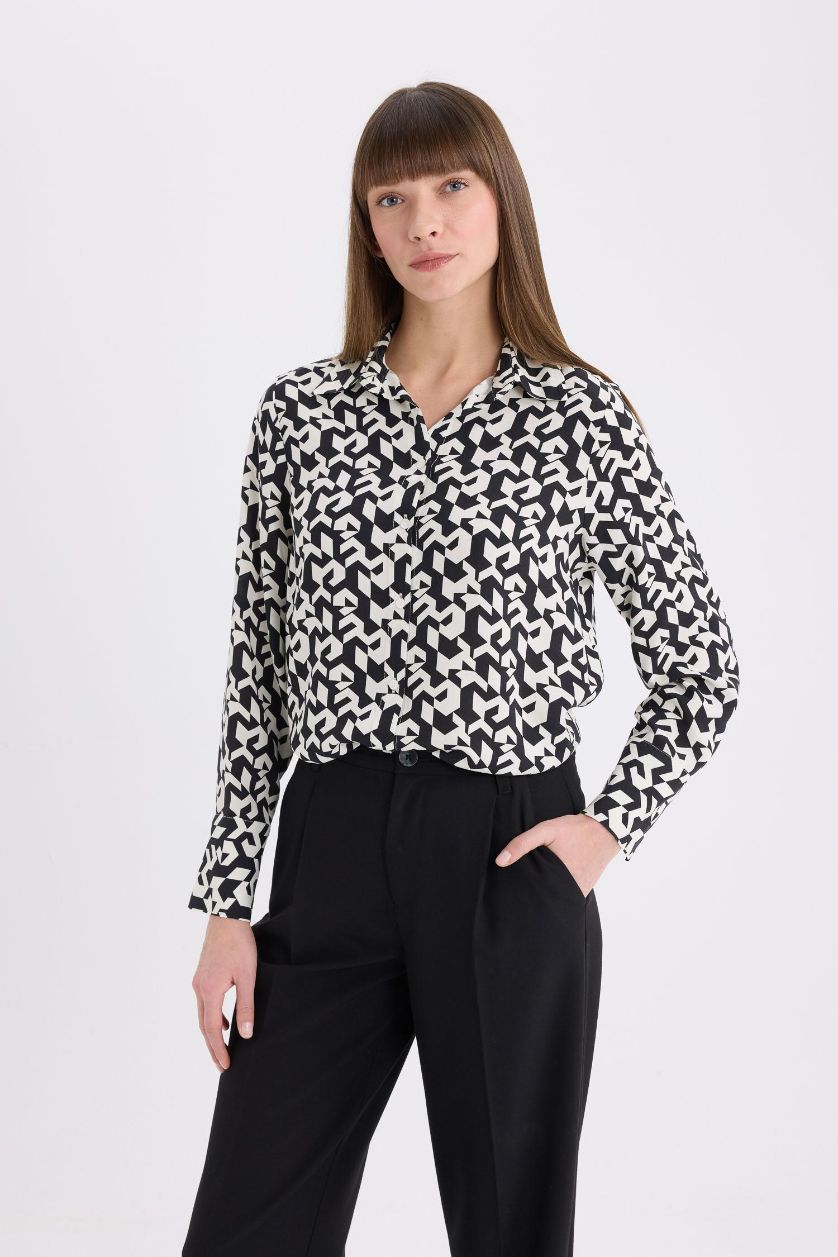 WOMAN Black Regular Fit Shirt Collar Printed Long Sleeve Shirt