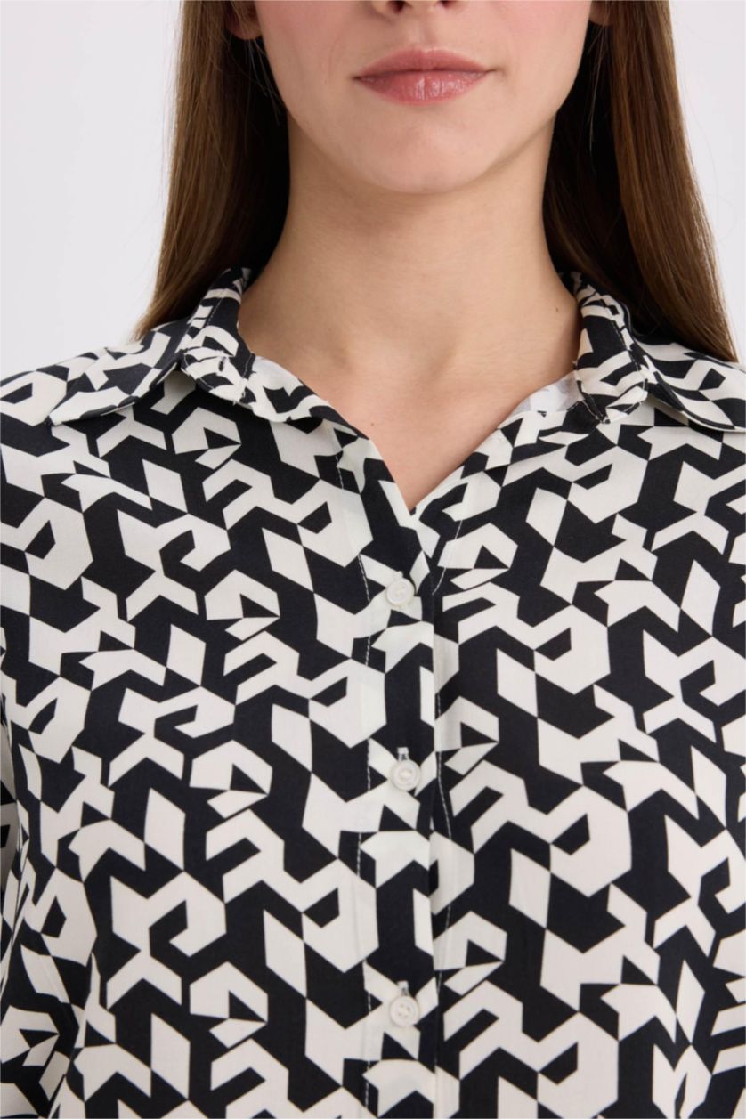 WOMAN Black Regular Fit Shirt Collar Printed Long Sleeve Shirt
