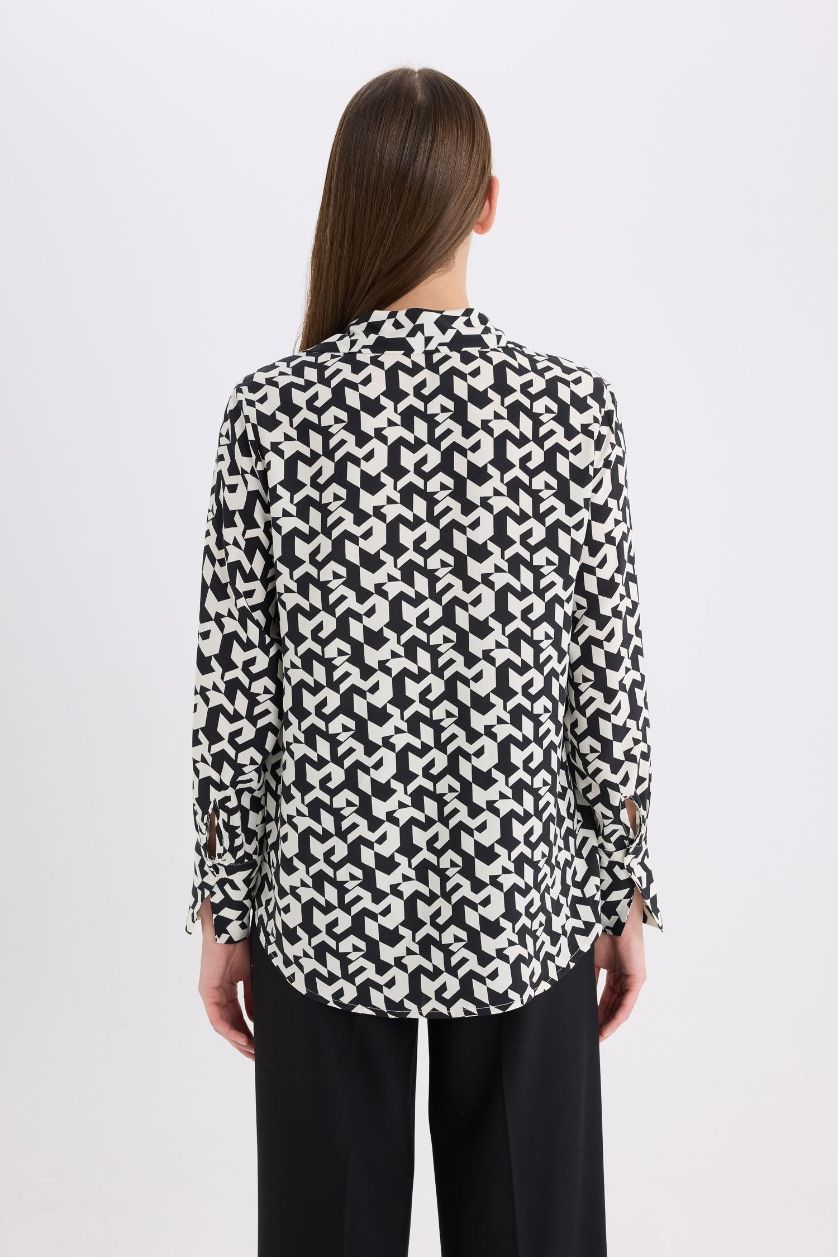 WOMAN Black Regular Fit Shirt Collar Printed Long Sleeve Shirt