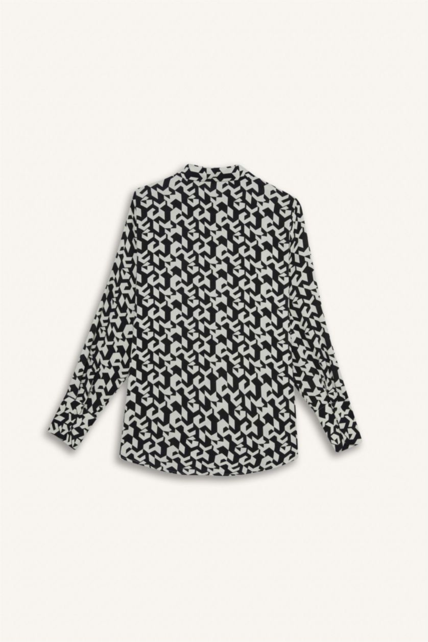 WOMAN Black Regular Fit Shirt Collar Printed Long Sleeve Shirt
