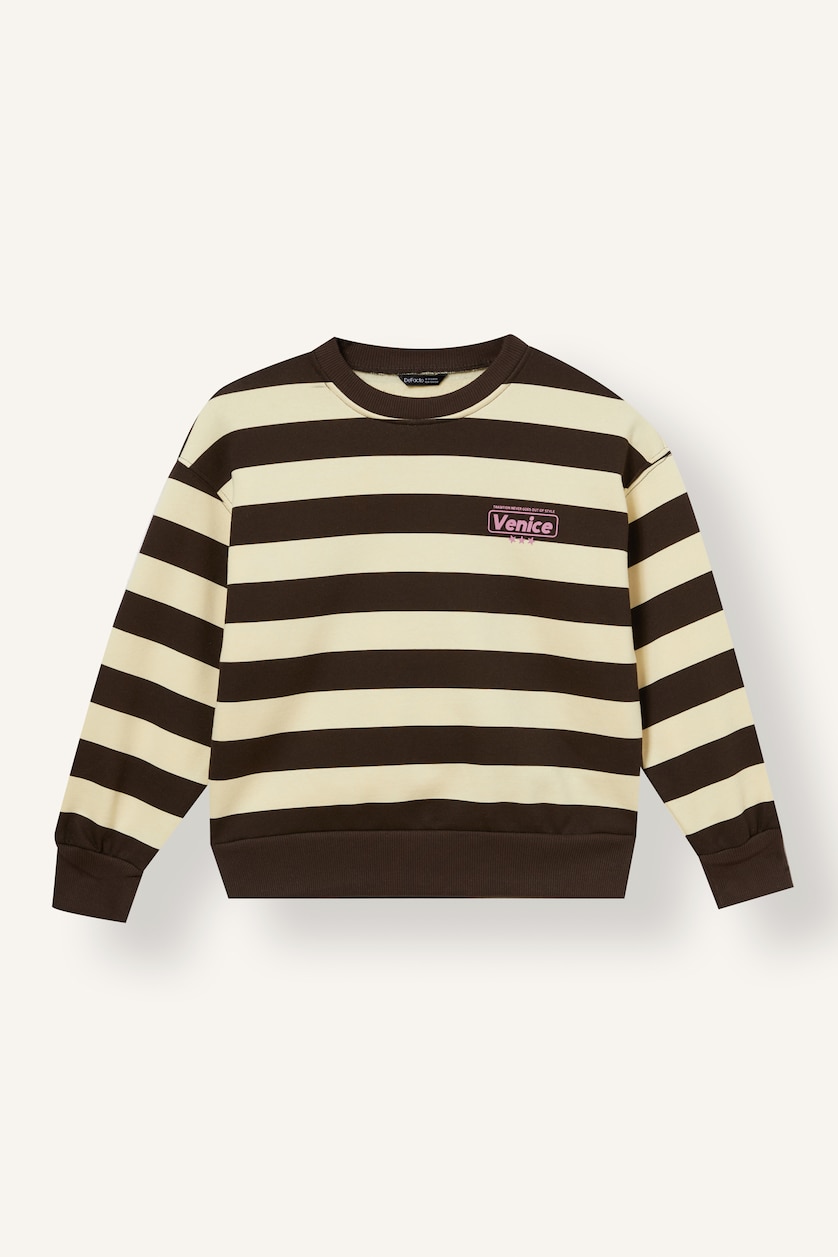 Kız Çocuk - Genç Kız Kahve Relaxed Fit Çizgili Baskılı Sweatshirt Kız Çocuk