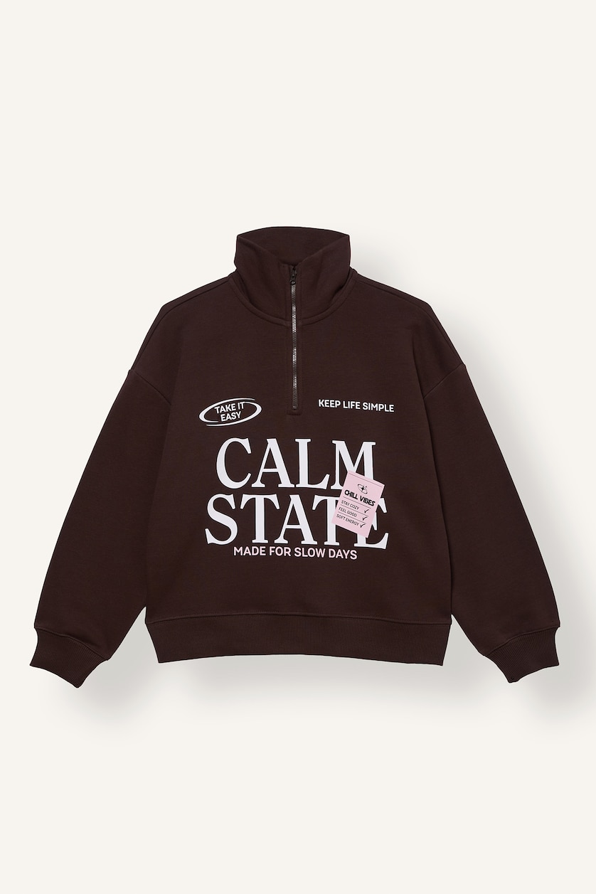 Kız Çocuk - Genç Kız Kahve Oversize Fermuarlı Baskılı Sweatshirt Kız Çocuk