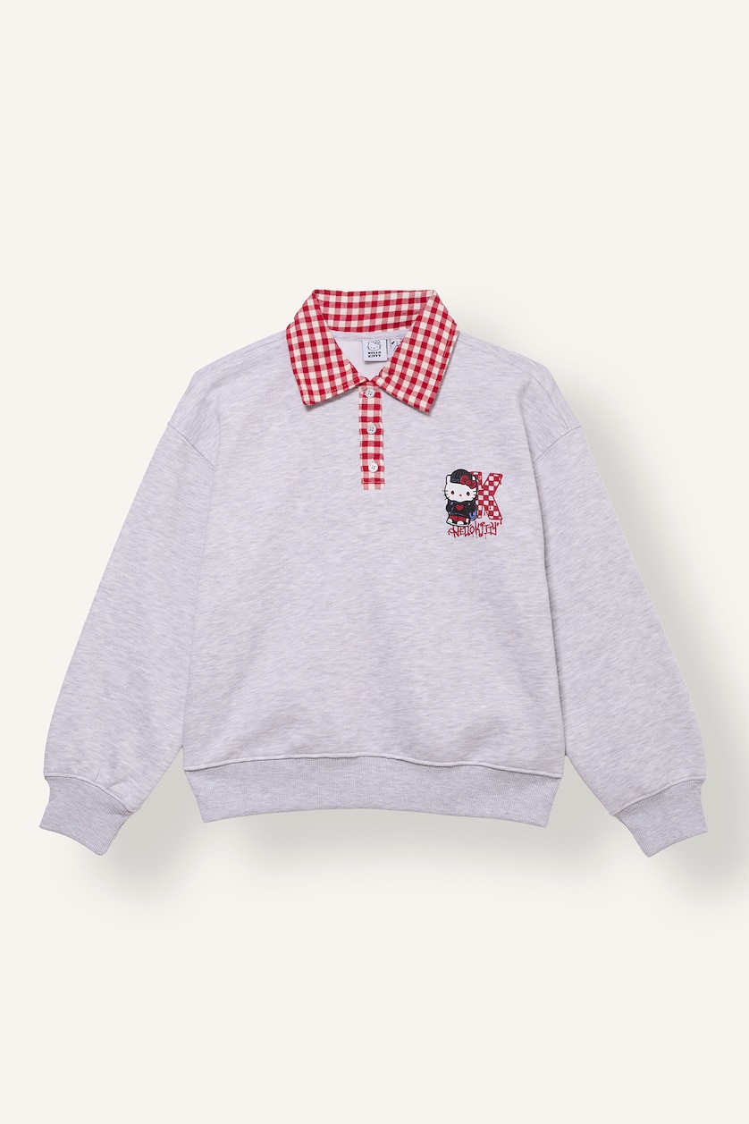 Young Girls - Teen Girls Light Grey Melange Woman Oversize Fit Polo Collar Sweatshirt
