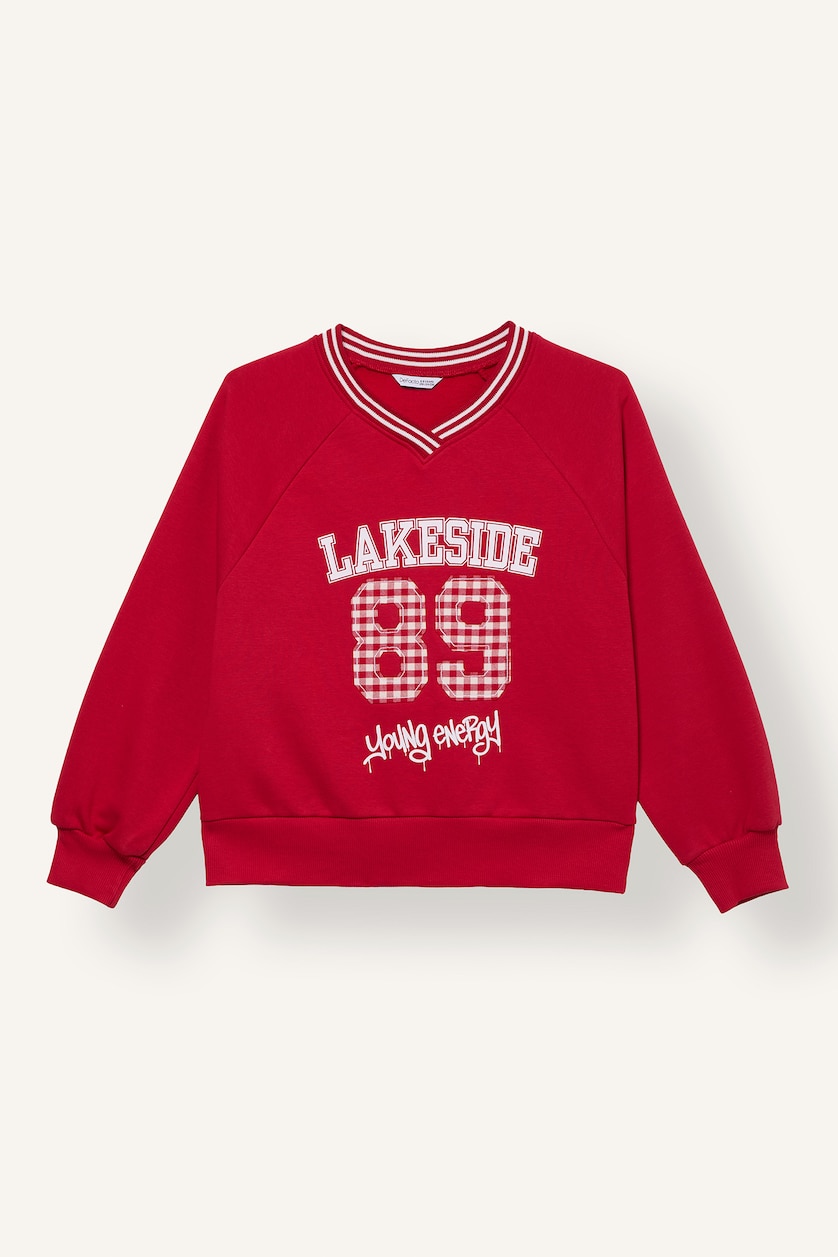 Kız Çocuk - Genç Kız Kırmızı Oversize V Yaka Baskılı Sweatshirt Kız Çocuk
