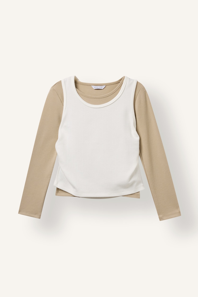 Kız Çocuk - Genç Kız Kırık Beyaz Fashion Fitilli 2'li Uzun Kollu Basic Tişört Kız Çocuk