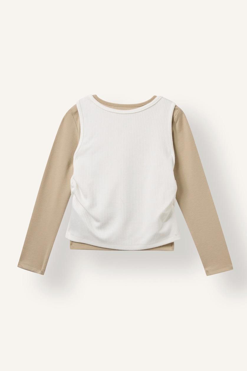 Kız Çocuk - Genç Kız Kırık Beyaz Fashion Fitilli 2'li Uzun Kollu Basic Tişört Kız Çocuk