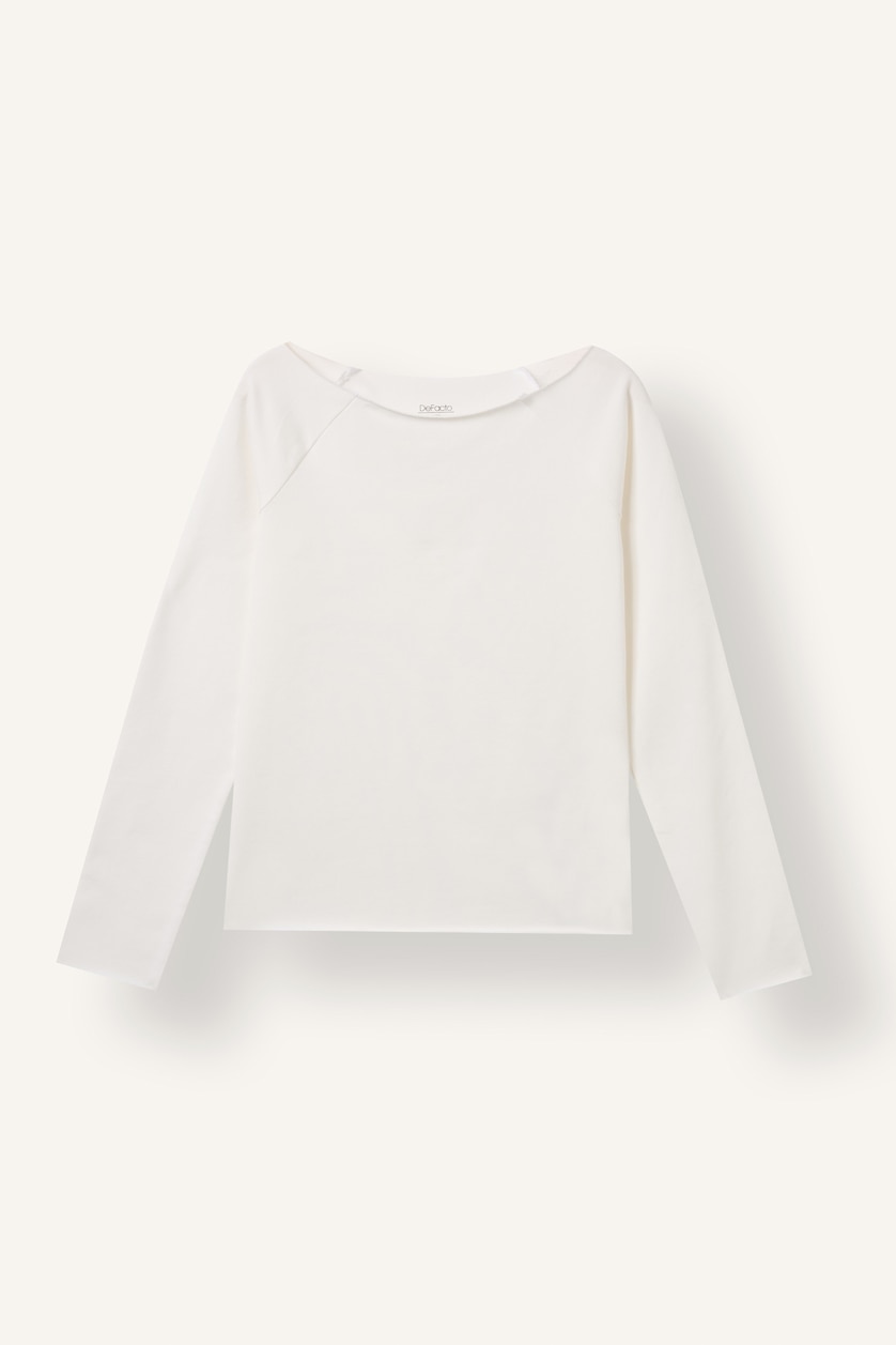 Kız Çocuk - Genç Kız Ekru Slim Fit Büyük Yaka Uzun Kollu Basic Tişört Kız Çocuk