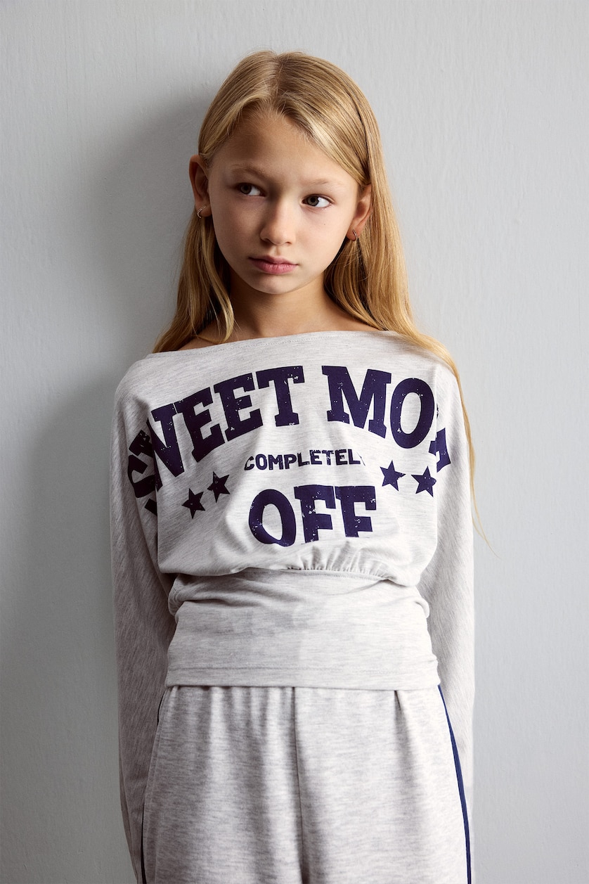 Девочки и подростки Светло-серый меланж Girl Printed Boat Neck Long Sleeve T-Shirt