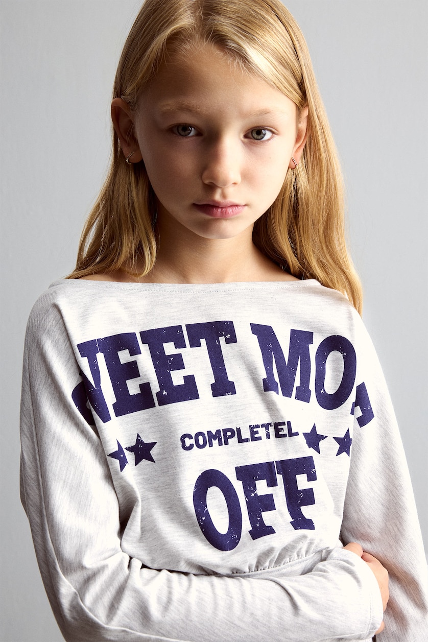 Девочки и подростки Светло-серый меланж Girl Printed Boat Neck Long Sleeve T-Shirt