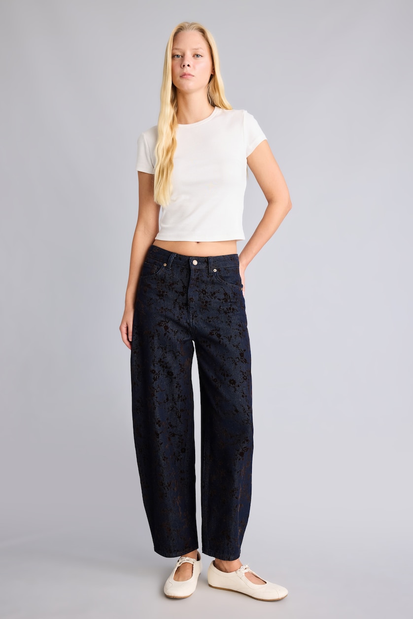 Kadın Mavi Siyah Barrel Fit Yüksek Bel Jean