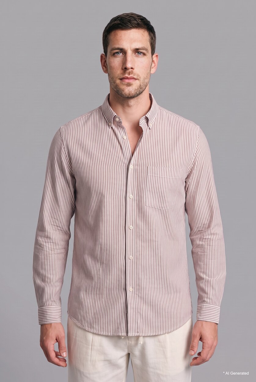 رجال بني Regular Fit Fine-Striped Cotton Long Sleeve Shirt