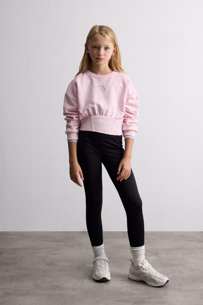 Kız Çocuk - Genç Kız Pembe Kalp Nakışlı Fitted Sweatshirt Kız Çocuk
