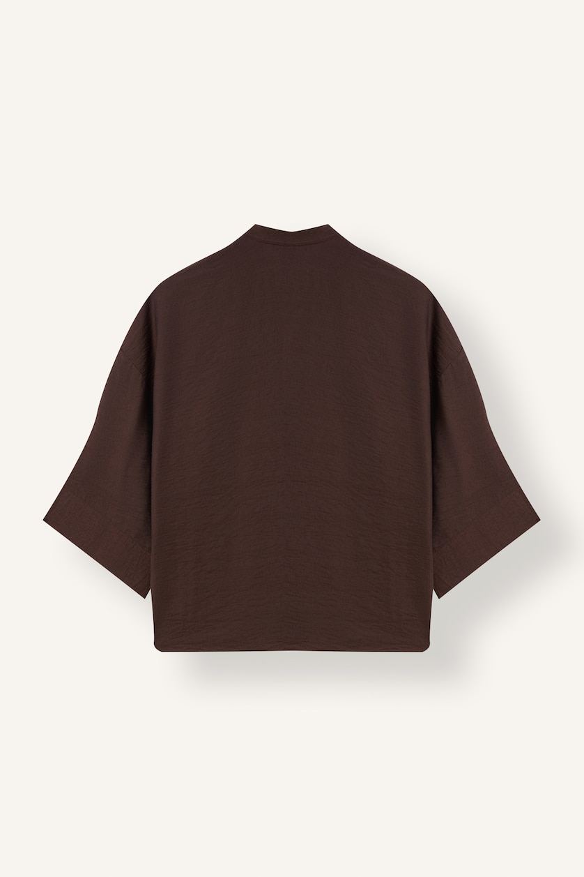 Kadın Kahve Brit Düğmeli Oversize Uzun Kollu Basic Bluz