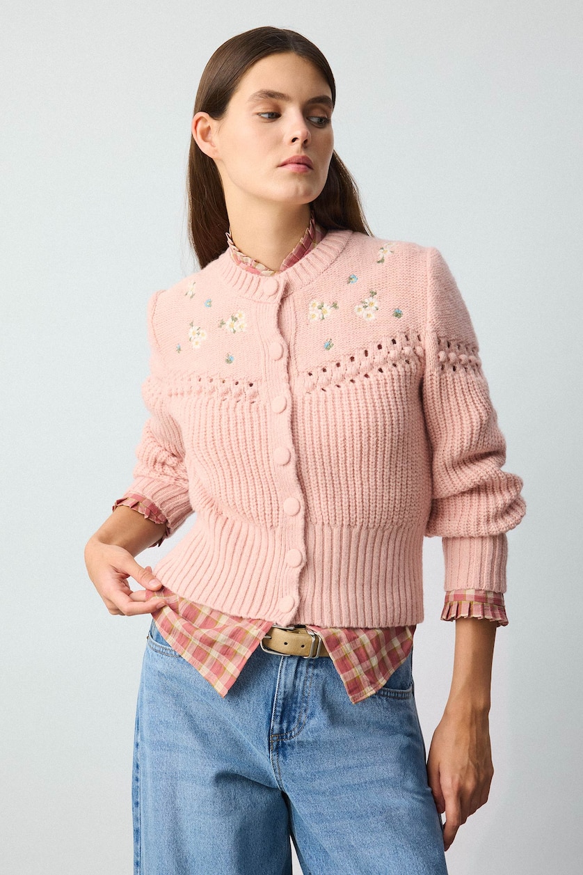 Kadın Pembe Regular Fit Çiçek Nakışlı Hırka