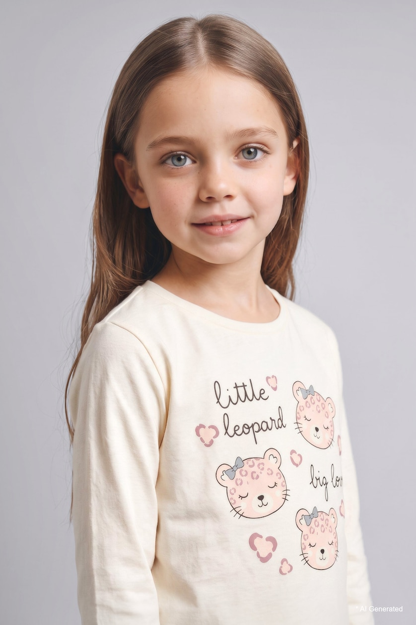 Kız Bebek Ekru 2'li Takım Baskılı Leopar Desenli Kız Bebek